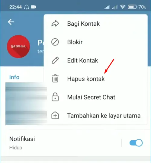 Hapus Kontak Telegram Android