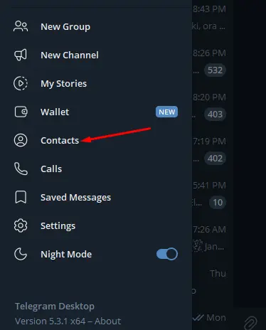 Menu Kontak Telegram Desktop