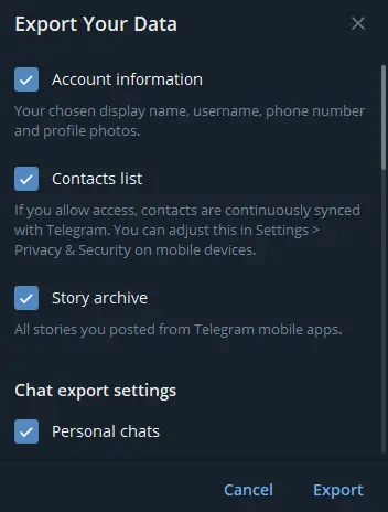 Pilih Export Data Telegram Desktop